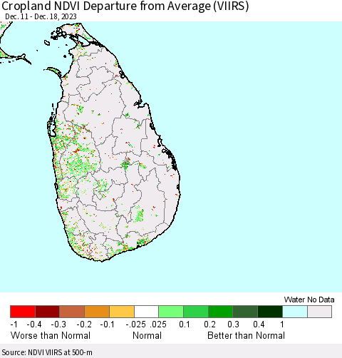 Sri Lanka Cropland NDVI Departure from Average (VIIRS) Thematic Map For 12/11/2023 - 12/18/2023