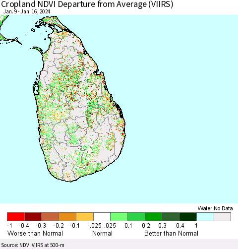 Sri Lanka Cropland NDVI Departure from Average (VIIRS) Thematic Map For 1/9/2024 - 1/16/2024