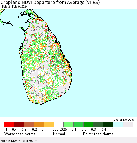 Sri Lanka Cropland NDVI Departure from Average (VIIRS) Thematic Map For 2/2/2024 - 2/9/2024
