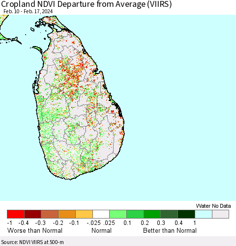 Sri Lanka Cropland NDVI Departure from Average (VIIRS) Thematic Map For 2/10/2024 - 2/17/2024