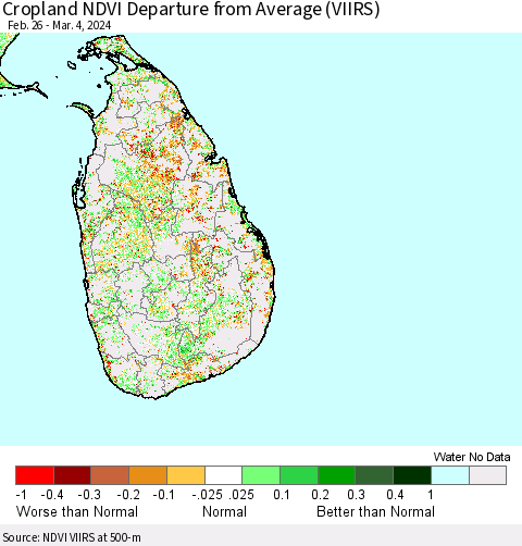 Sri Lanka Cropland NDVI Departure from Average (VIIRS) Thematic Map For 2/26/2024 - 3/4/2024