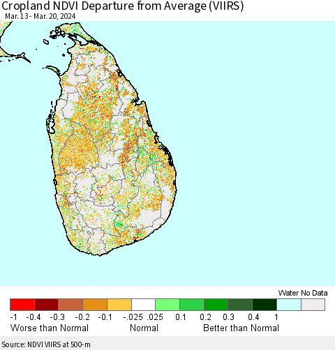 Sri Lanka Cropland NDVI Departure from Average (VIIRS) Thematic Map For 3/13/2024 - 3/20/2024