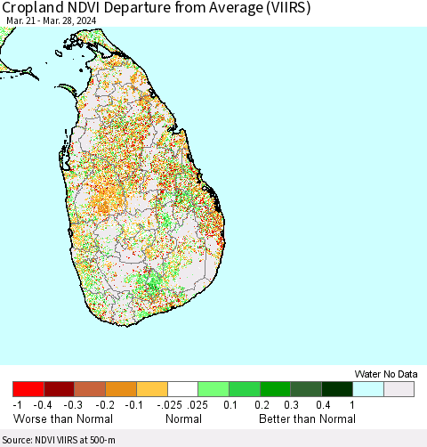 Sri Lanka Cropland NDVI Departure from Average (VIIRS) Thematic Map For 3/21/2024 - 3/28/2024