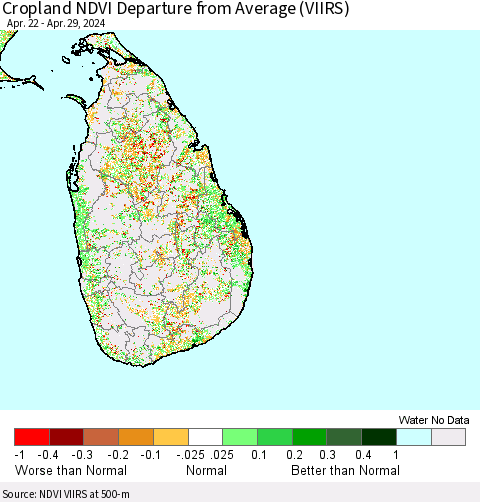 Sri Lanka Cropland NDVI Departure from Average (VIIRS) Thematic Map For 4/22/2024 - 4/29/2024