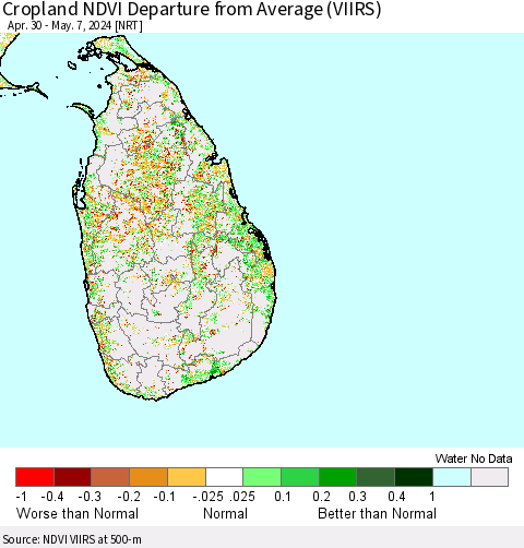 Sri Lanka Cropland NDVI Departure from Average (VIIRS) Thematic Map For 4/30/2024 - 5/7/2024