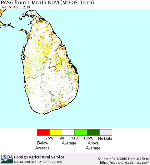 Sri Lanka PASG from 1-Month NDVI (MODIS-Terra) Thematic Map For 4/1/2019 - 4/10/2019