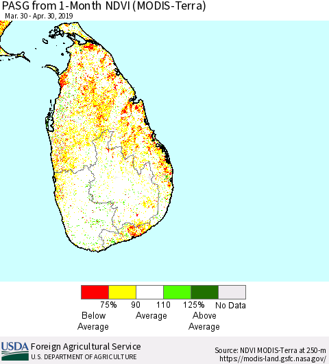 Sri Lanka PASG from 1-Month NDVI (MODIS-Terra) Thematic Map For 4/21/2019 - 4/30/2019