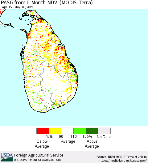 Sri Lanka PASG from 1-Month NDVI (Terra-MODIS) Thematic Map For 5/11/2019 - 5/20/2019