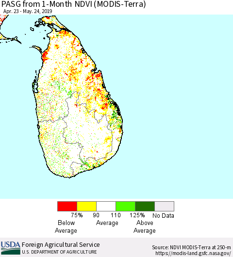 Sri Lanka PASG from 1-Month NDVI (Terra-MODIS) Thematic Map For 5/21/2019 - 5/31/2019