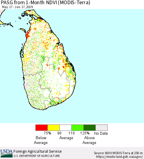 Sri Lanka PASG from 1-Month NDVI (Terra-MODIS) Thematic Map For 6/11/2019 - 6/20/2019