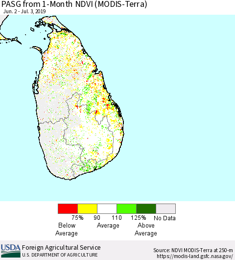 Sri Lanka PASG from 1-Month NDVI (Terra-MODIS) Thematic Map For 7/1/2019 - 7/10/2019