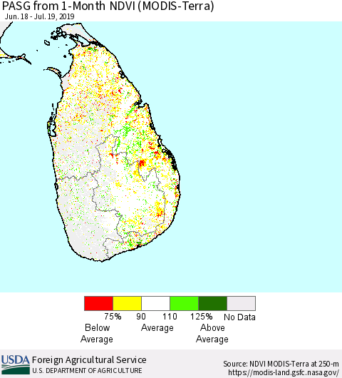 Sri Lanka PASG from 1-Month NDVI (Terra-MODIS) Thematic Map For 7/11/2019 - 7/20/2019