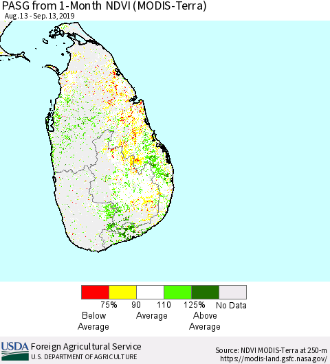 Sri Lanka PASG from 1-Month NDVI (Terra-MODIS) Thematic Map For 9/11/2019 - 9/20/2019