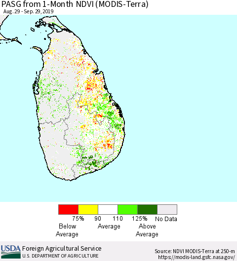 Sri Lanka PASG from 1-Month NDVI (Terra-MODIS) Thematic Map For 9/21/2019 - 9/30/2019