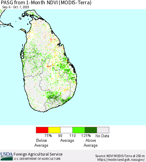 Sri Lanka PASG from 1-Month NDVI (Terra-MODIS) Thematic Map For 10/1/2019 - 10/10/2019