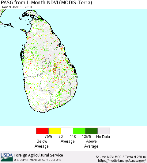 Sri Lanka PASG from 1-Month NDVI (Terra-MODIS) Thematic Map For 12/1/2019 - 12/10/2019