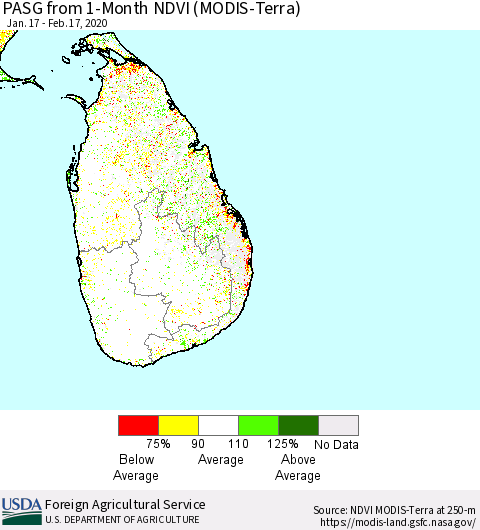Sri Lanka PASG from 1-Month NDVI (Terra-MODIS) Thematic Map For 2/11/2020 - 2/20/2020