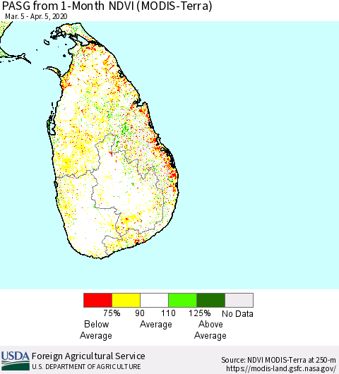 Sri Lanka PASG from 1-Month NDVI (MODIS-Terra) Thematic Map For 4/1/2020 - 4/10/2020