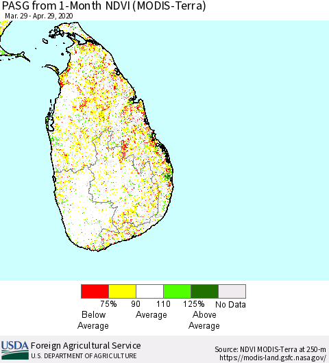 Sri Lanka PASG from 1-Month NDVI (MODIS-Terra) Thematic Map For 4/21/2020 - 4/30/2020