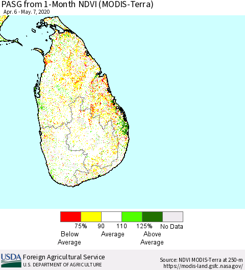 Sri Lanka PASG from 1-Month NDVI (Terra-MODIS) Thematic Map For 5/1/2020 - 5/10/2020
