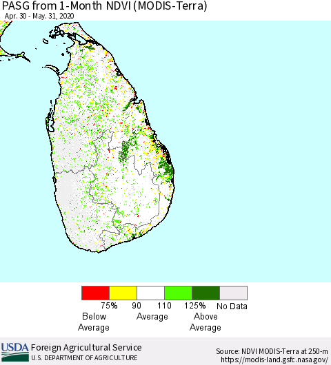 Sri Lanka PASG from 1-Month NDVI (Terra-MODIS) Thematic Map For 5/21/2020 - 5/31/2020