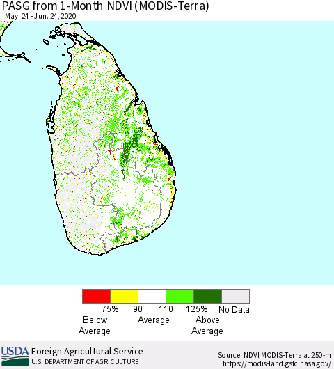 Sri Lanka PASG from 1-Month NDVI (Terra-MODIS) Thematic Map For 6/21/2020 - 6/30/2020