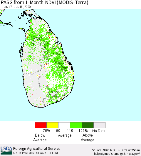 Sri Lanka PASG from 1-Month NDVI (Terra-MODIS) Thematic Map For 7/11/2020 - 7/20/2020