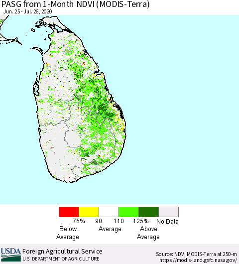 Sri Lanka PASG from 1-Month NDVI (Terra-MODIS) Thematic Map For 7/21/2020 - 7/31/2020