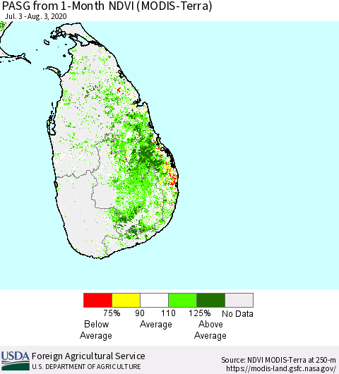 Sri Lanka PASG from 1-Month NDVI (Terra-MODIS) Thematic Map For 8/1/2020 - 8/10/2020