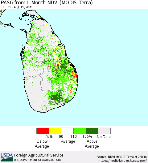 Sri Lanka PASG from 1-Month NDVI (Terra-MODIS) Thematic Map For 8/11/2020 - 8/20/2020