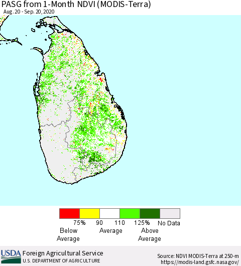 Sri Lanka PASG from 1-Month NDVI (Terra-MODIS) Thematic Map For 9/11/2020 - 9/20/2020