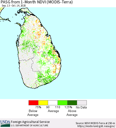 Sri Lanka PASG from 1-Month NDVI (MODIS-Terra) Thematic Map For 10/11/2020 - 10/20/2020