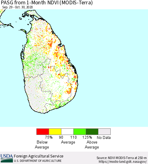 Sri Lanka PASG from 1-Month NDVI (Terra-MODIS) Thematic Map For 10/21/2020 - 10/31/2020