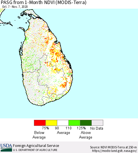 Sri Lanka PASG from 1-Month NDVI (Terra-MODIS) Thematic Map For 11/1/2020 - 11/10/2020