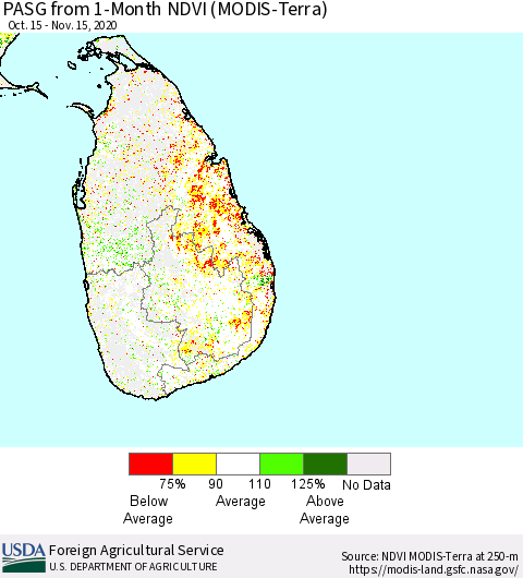 Sri Lanka PASG from 1-Month NDVI (MODIS-Terra) Thematic Map For 11/11/2020 - 11/20/2020