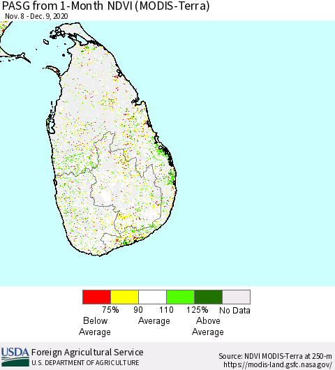 Sri Lanka PASG from 1-Month NDVI (Terra-MODIS) Thematic Map For 12/1/2020 - 12/10/2020