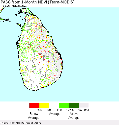 Sri Lanka PASG from 1-Month NDVI (Terra-MODIS) Thematic Map For 3/22/2021 - 3/29/2021