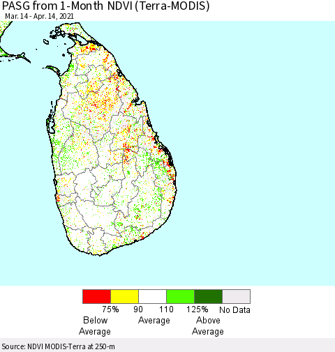 Sri Lanka PASG from 1-Month NDVI (Terra-MODIS) Thematic Map For 4/7/2021 - 4/14/2021