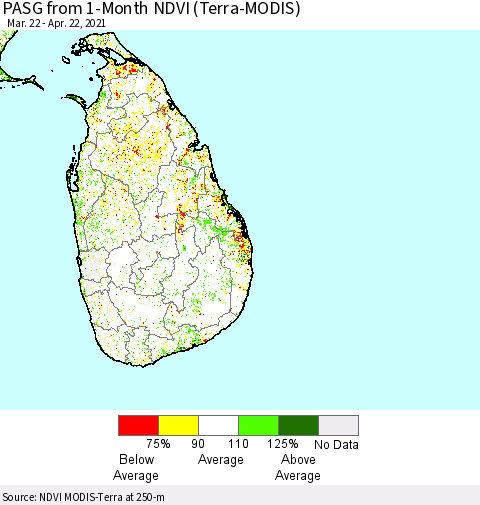 Sri Lanka PASG from 1-Month NDVI (Terra-MODIS) Thematic Map For 4/15/2021 - 4/22/2021