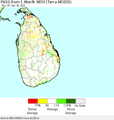 Sri Lanka PASG from 1-Month NDVI (Terra-MODIS) Thematic Map For 4/23/2021 - 4/30/2021