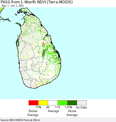 Sri Lanka PASG from 1-Month NDVI (Terra-MODIS) Thematic Map For 5/25/2021 - 6/1/2021