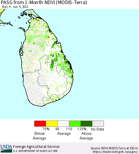 Sri Lanka PASG from 1-Month NDVI (Terra-MODIS) Thematic Map For 6/1/2021 - 6/10/2021