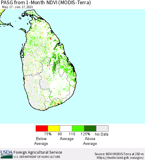 Sri Lanka PASG from 1-Month NDVI (Terra-MODIS) Thematic Map For 6/11/2021 - 6/20/2021