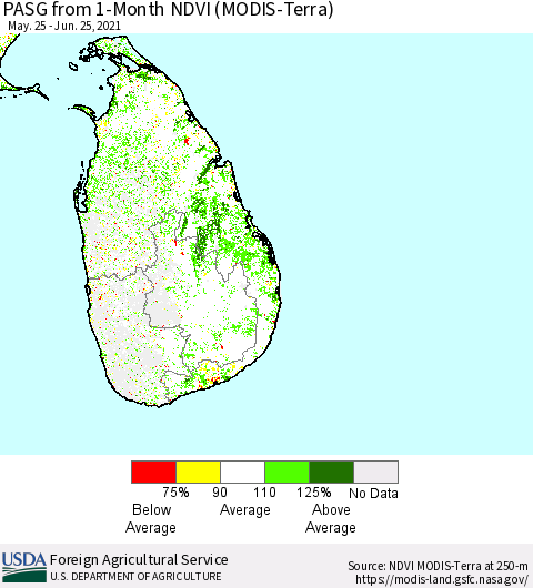 Sri Lanka PASG from 1-Month NDVI (Terra-MODIS) Thematic Map For 6/21/2021 - 6/30/2021