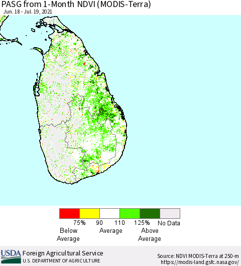 Sri Lanka PASG from 1-Month NDVI (Terra-MODIS) Thematic Map For 7/11/2021 - 7/20/2021