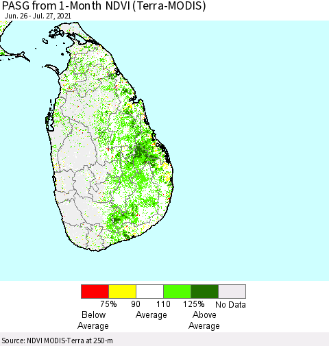 Sri Lanka PASG from 1-Month NDVI (Terra-MODIS) Thematic Map For 7/20/2021 - 7/27/2021