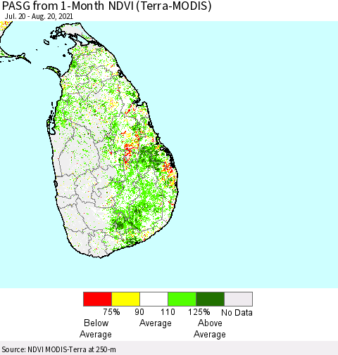 Sri Lanka PASG from 1-Month NDVI (Terra-MODIS) Thematic Map For 8/11/2021 - 8/20/2021