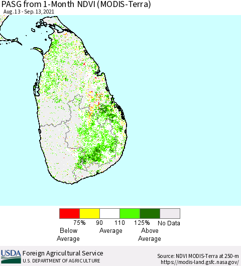 Sri Lanka PASG from 1-Month NDVI (Terra-MODIS) Thematic Map For 9/11/2021 - 9/20/2021