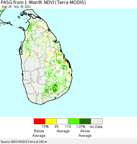 Sri Lanka PASG from 1-Month NDVI (Terra-MODIS) Thematic Map For 9/22/2021 - 9/29/2021