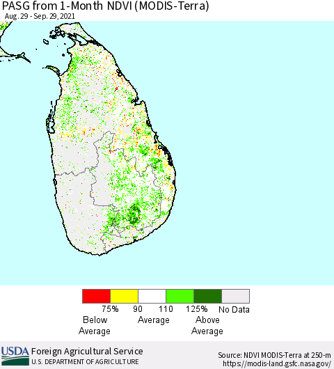 Sri Lanka PASG from 1-Month NDVI (Terra-MODIS) Thematic Map For 9/21/2021 - 9/30/2021